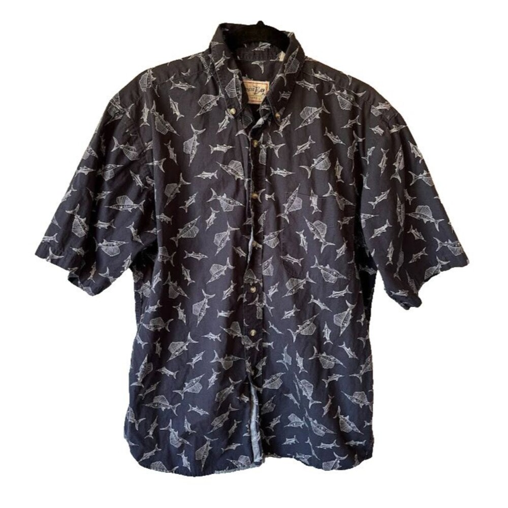 VINTAGE Bimini Bay Men's Button Down Blue Fishing Shirt 100% Cotton 1980s 90s M